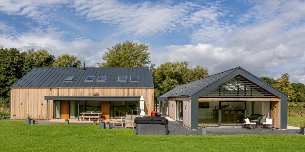 New build Shropshire home clad with Vertix EasySeam Roof and Wall metal standing seam Systems.